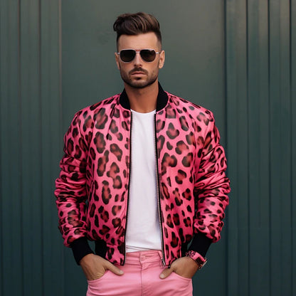 Men's Bomber Jacket Varsity Jacket Outdoor Sport Warm Pocket Fall Winter Leopard Abstract Daily Wear Going out Fall & Winter Standing Collar Long Sleeve Pink Purple Brown padding jacket