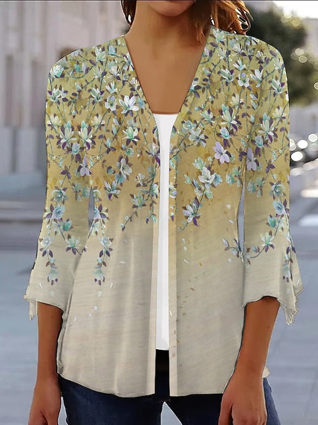 Floral Print Light Blue Casual Jacket for Women