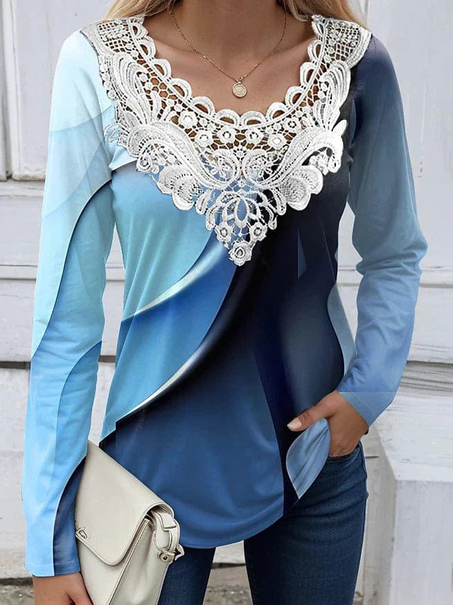 Lace Patchwork Abstract Print Women's Shirt Blouse