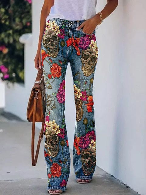 Flared Bell Bottom Jeans with Halloween Print and Side Pockets