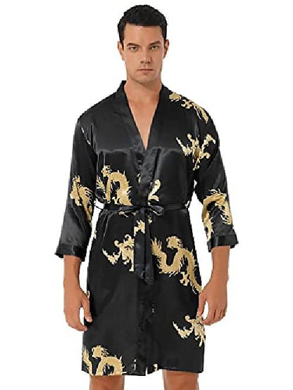 Men's Plus Size Pajamas Robe Silk Robe Sleepwear 2 Pieces Animal Luxury Home Faux Silk Polyester Long Sleeve Shorts Belt Included Spring Summer Black Blue