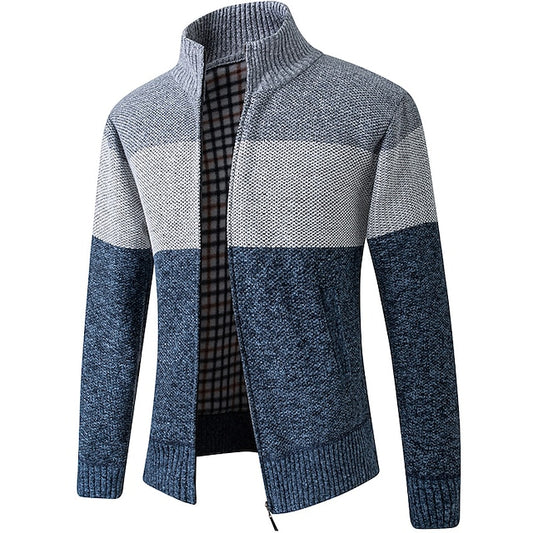 Men's Sweater Cardigan Zip Sweater Sweater Jacket Fleece Sweater Knit Knitted Solid Color Stand Collar Clothing Apparel Winter Fall Wine Light gray S M L