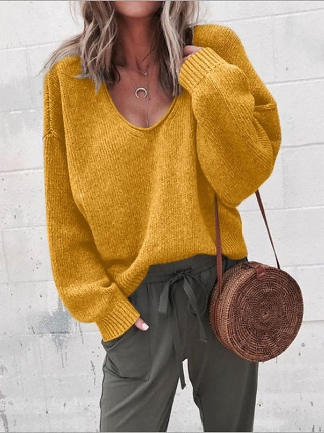 Women's Pullover Sweater Jumper Knitted Solid Color Stylish Basic Casual Long Sleeve Regular Fit Sweater Cardigans V Neck Fall Winter Purple Yellow Gray / Holiday - LuckyFash™