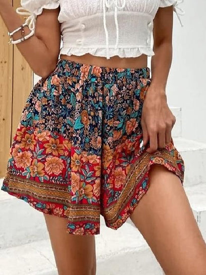 Red Floral Print Women's Vacation Shorts - Loose Fit Comfort Swing Shorts