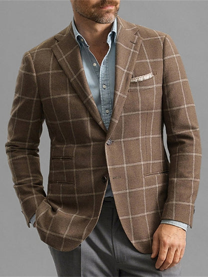 Men's Blazer Business Cocktail Party Wedding Party Fashion Casual Spring &  Fall Polyester Plaid Button Pocket Comfortable Single Breasted Blazer Brown