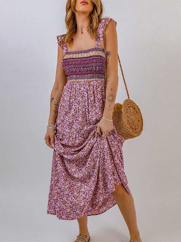 Waist Slimming Floral Print Square Neck Maxi Dress with Ruffled Backless Detail