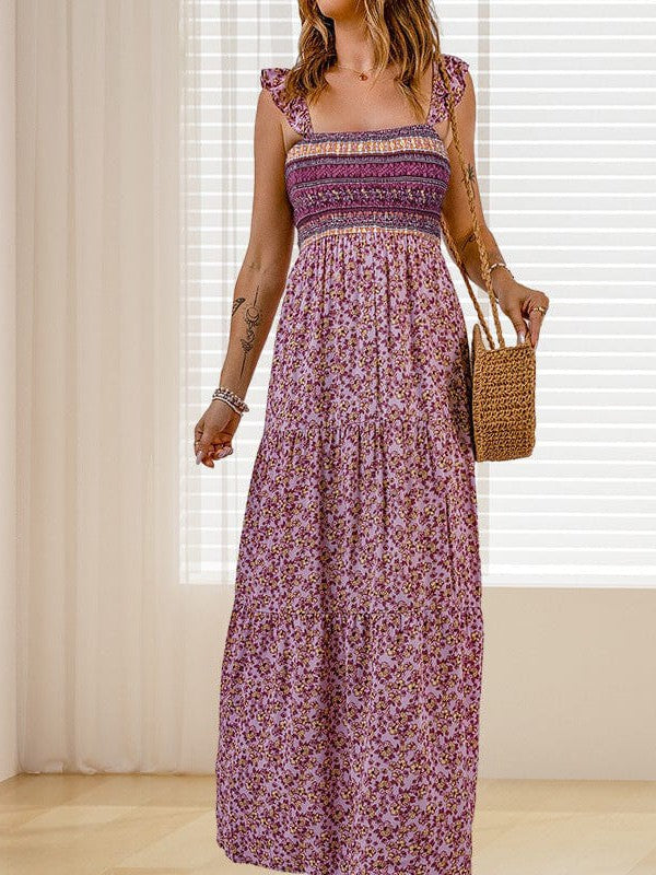 Waist Slimming Floral Print Square Neck Maxi Dress with Ruffled Backless Detail