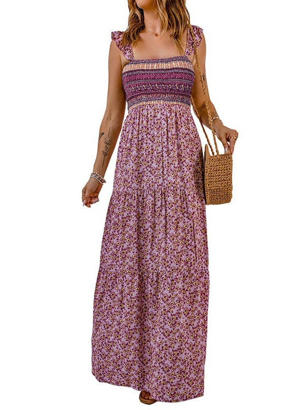 Waist Slimming Floral Print Square Neck Maxi Dress with Ruffled Backless Detail