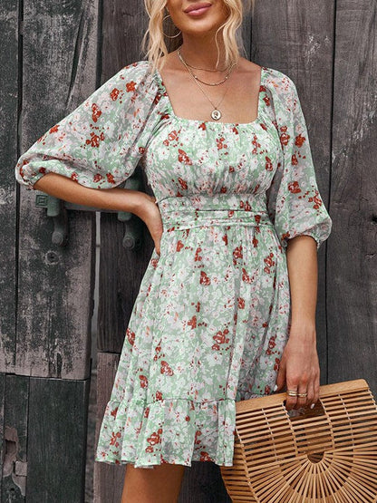 Waisted one-shoulder floral dress with lantern sleeves