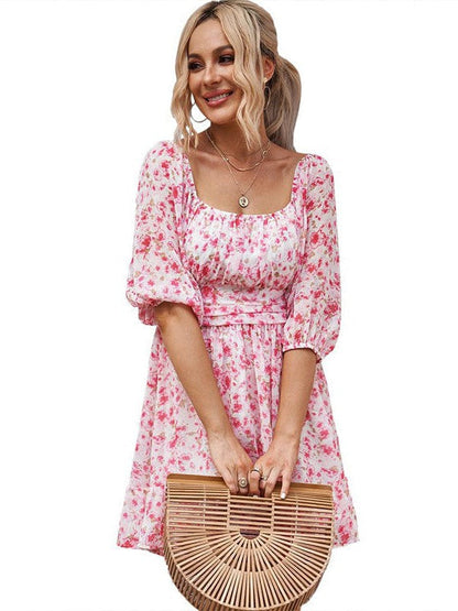 Waisted one-shoulder floral dress with lantern sleeves