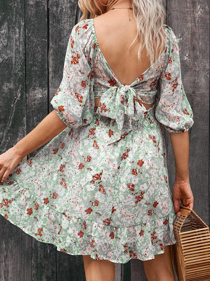 Waisted one-shoulder floral dress with lantern sleeves