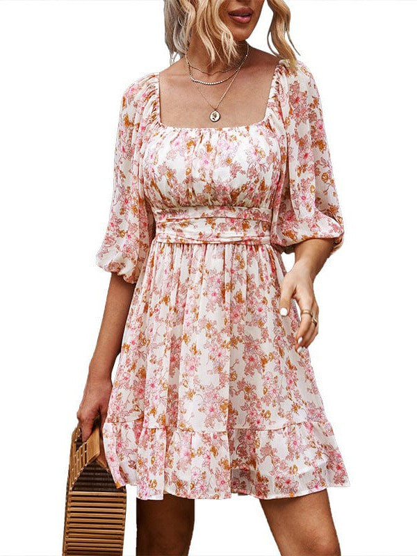 Waisted one-shoulder floral dress with lantern sleeves