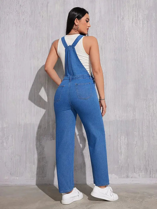 Washed Blue Denim Overalls with Adjustable Straps and Patch Pockets