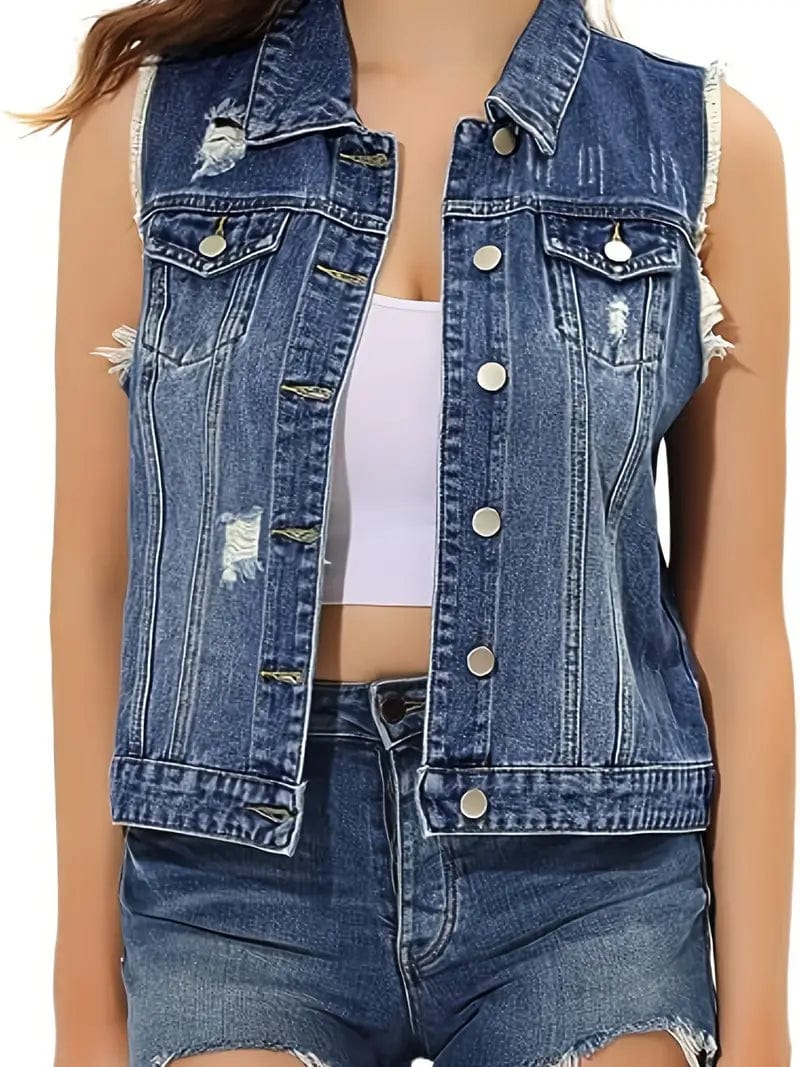 Washed Denim Sleeveless Vest with Distressed Ripped Lapel, Women's Denim Jacket Collection