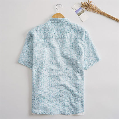 Linen Beach Shirt for Men in Blue with Argyle Lapel, Short Sleeve - Summer Outdoor Apparel