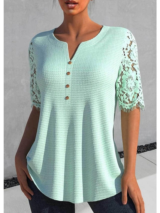 White and Green Lace Detail Short Sleeve Women's Casual Blouse