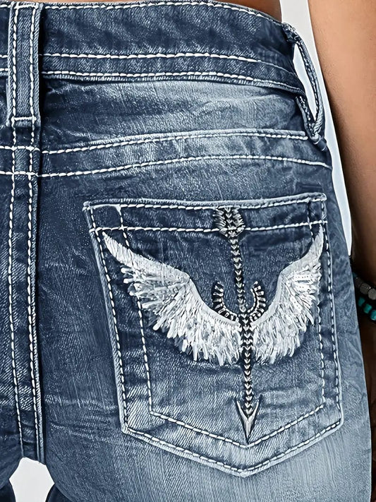 Wing Embroidery Bootcut Jeans in Vintage Wash for Women
