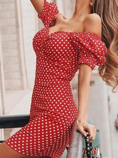 Women Dot Print Puff-sleeve Dress