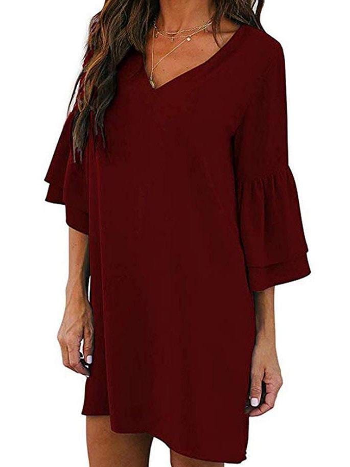 Women Loose Solid Color V Neck Mini Dress With Sleeve