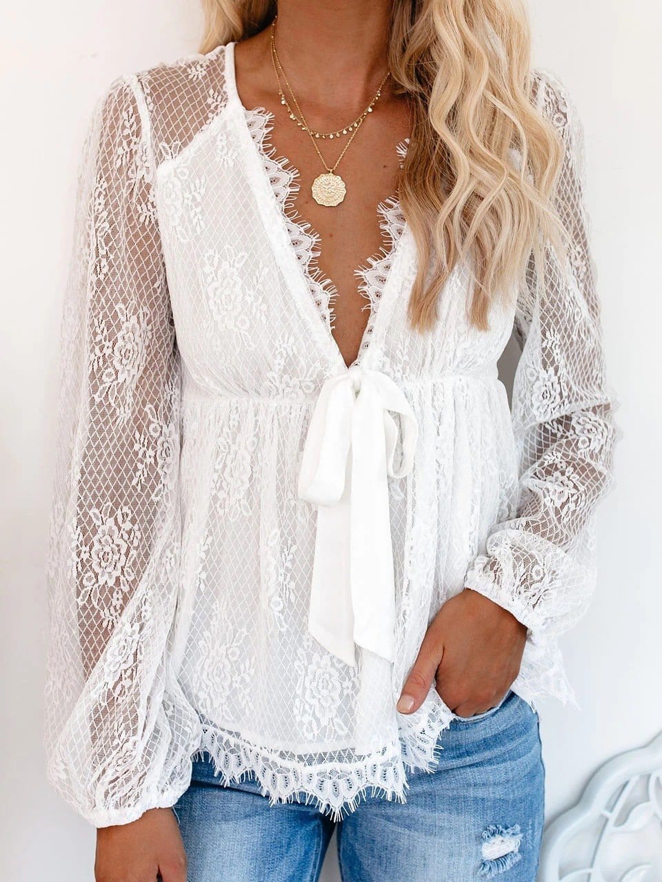 Women's Blouse Lace Embroidery Stitching Bow Tie Long Sleeves Blouse