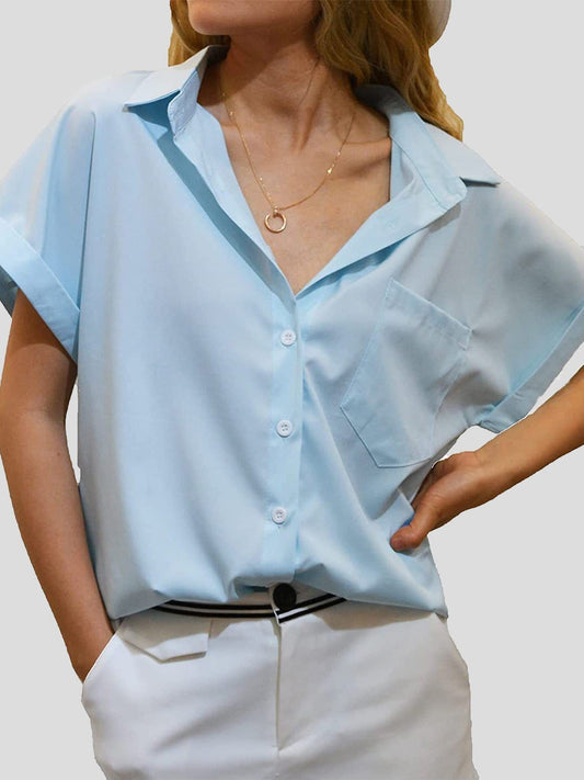 Women's Blouses Lapel Pocket Button Short Sleeve Blouse