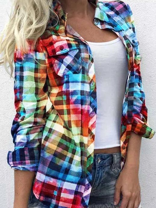 Women's Blouses Plaid Pocket Long Sleeve Stand Collar Blouses