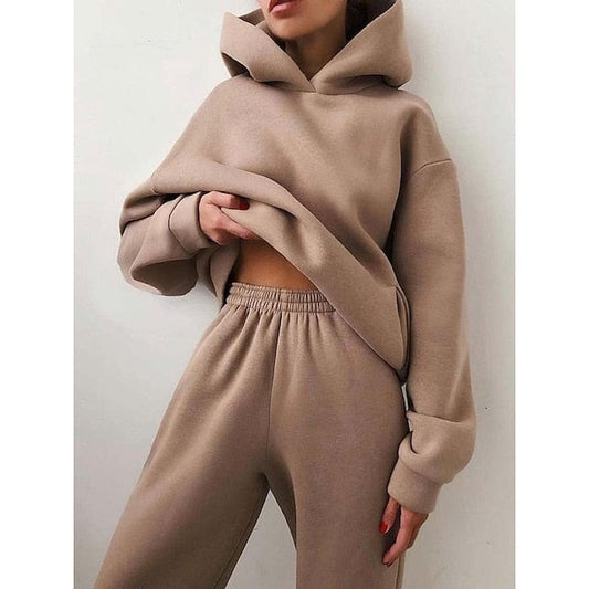 Women's Camel Almond Light Brown 2-Piece Winter Tracksuit Sweatsuit for Fitness and Running