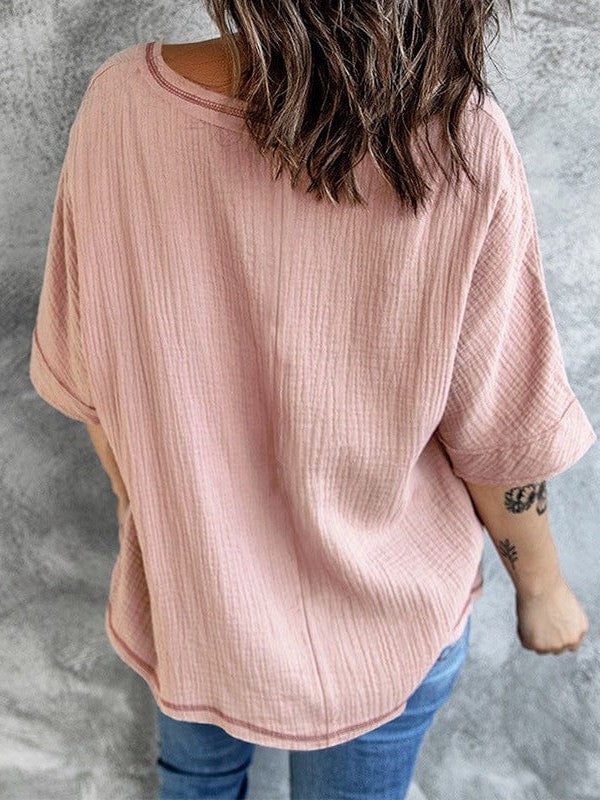 Women's Casual Cotton V-Neck Pullover Shirt with Solid Color Half Sleeves