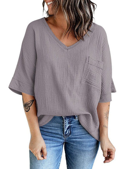 Women's Casual Cotton V-Neck Pullover Shirt with Solid Color Half Sleeves