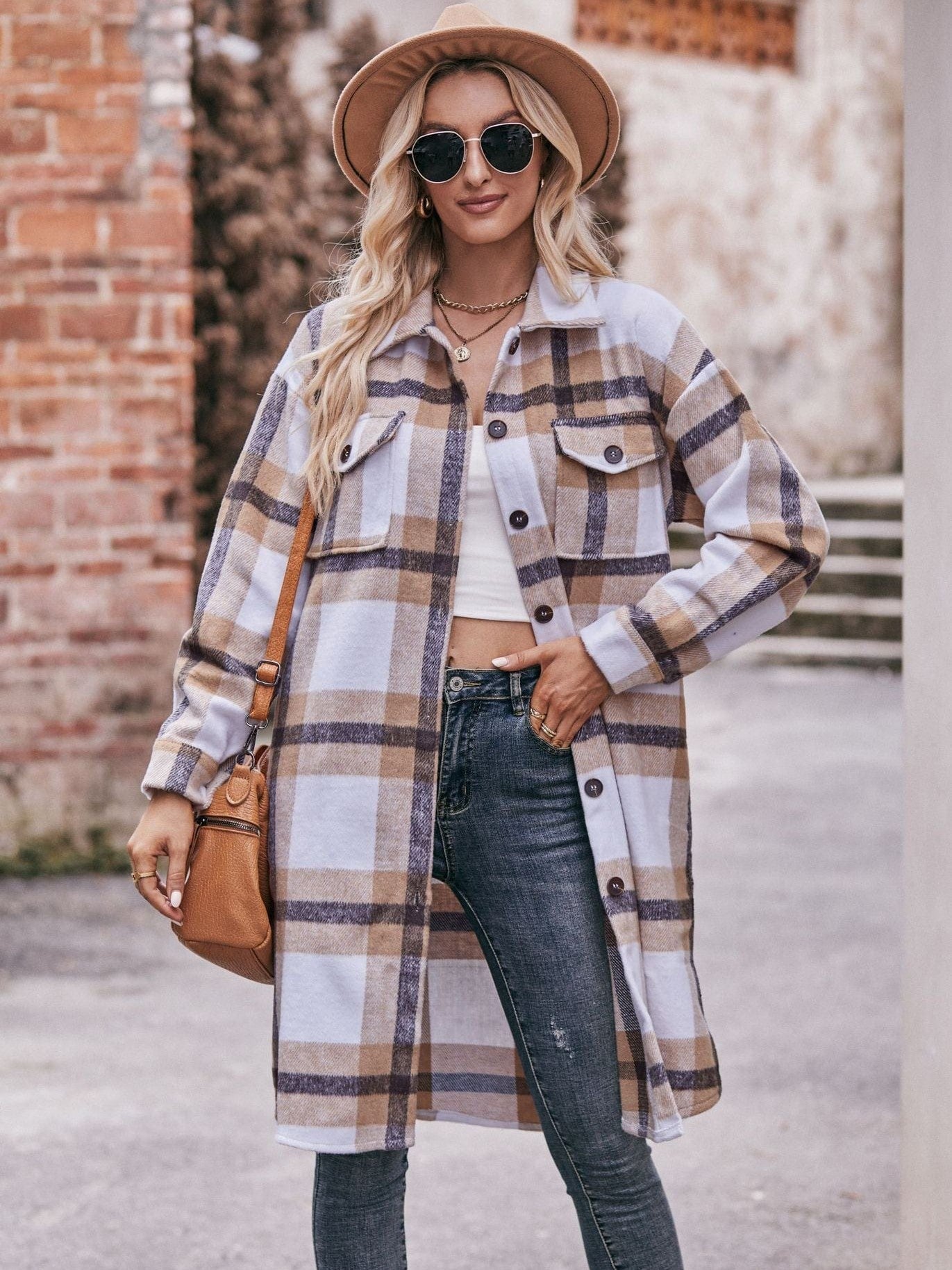 Women's casual flannel plaid shirt long coat
