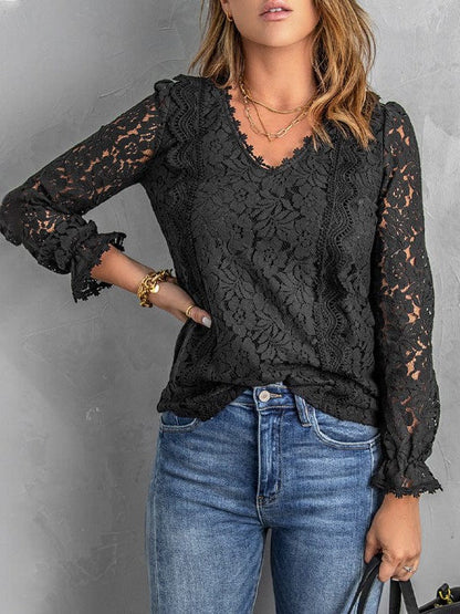 Women's Casual V-Neck Lace Top with Loose Bottom and Long Sleeves