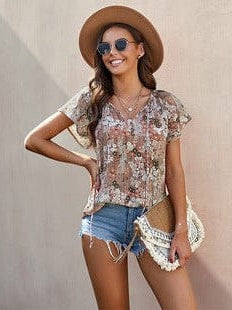 Women's Casual V-Neck Lace Top with Loose Bottom and Long Sleeves