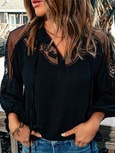 Women's Casual V-Neck Lace Top with Loose Bottom and Long Sleeves