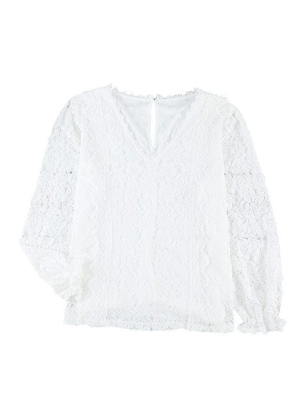 Women's Casual V-Neck Lace Top with Loose Bottom and Long Sleeves