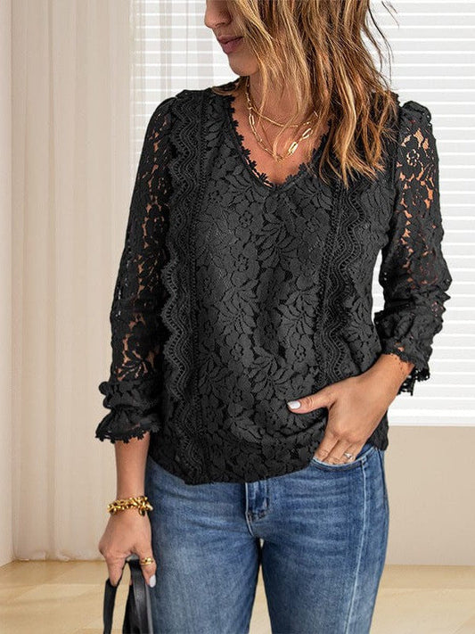 Women's Casual V-Neck Lace Top with Loose Bottom and Long Sleeves