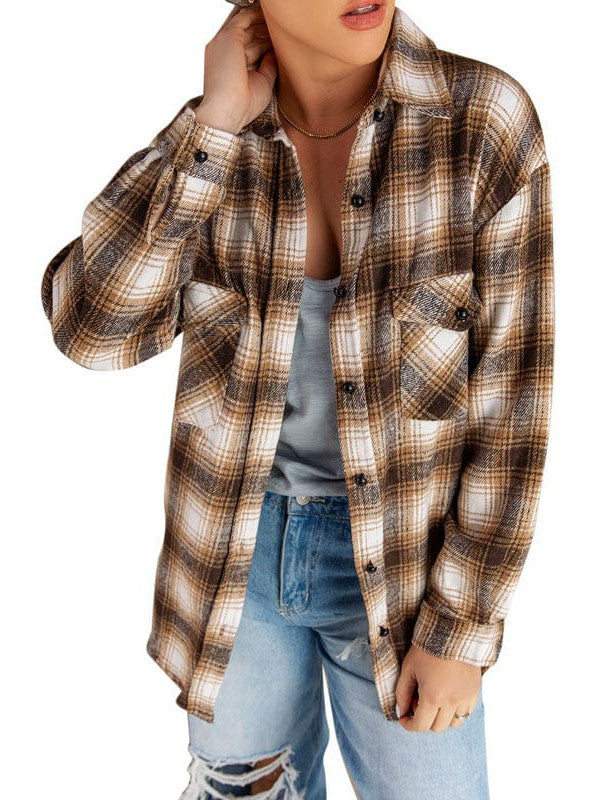 Women's Classic Button-Up Plaid Shirt with Long Sleeves