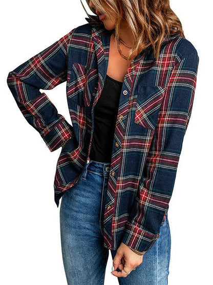 Women's Classic Button-Up Plaid Shirt with Long Sleeves