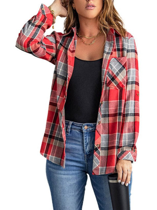 Women's Classic Button-Up Plaid Shirt with Long Sleeves