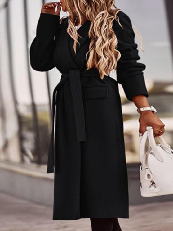 Women's Coats Lapel Solid Long Sleeve Belt Pocket Woolen Coat