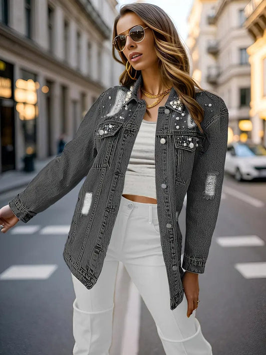 Women's Distressed Pearl Denim Jacket - Chic Long Sleeve Denim Coat with Ripped Lapel