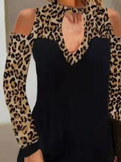 Women's Dresses Leopard Print Hanging Neck Off-The-Shoulder Long Sleeve Dress