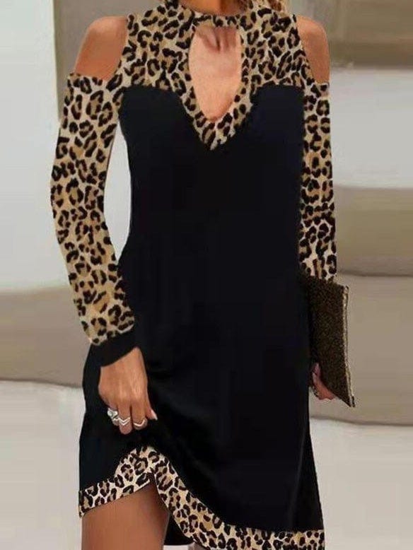 Women's Dresses Leopard Print Hanging Neck Off-The-Shoulder Long Sleeve Dress