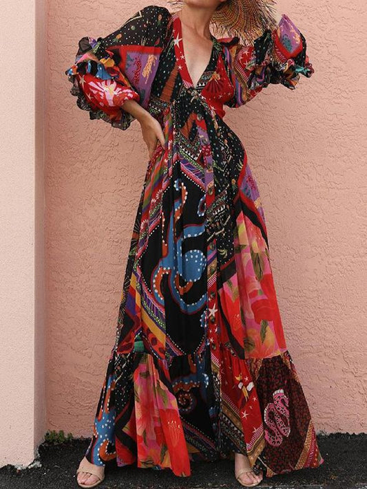Women's Dresses Printed Bohemian V-Neck Long Sleeve Dress