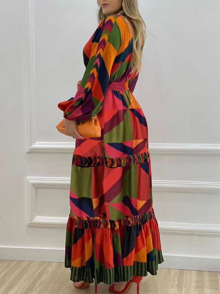 Women's Dresses Printed V-Neck Long Sleeve Dress