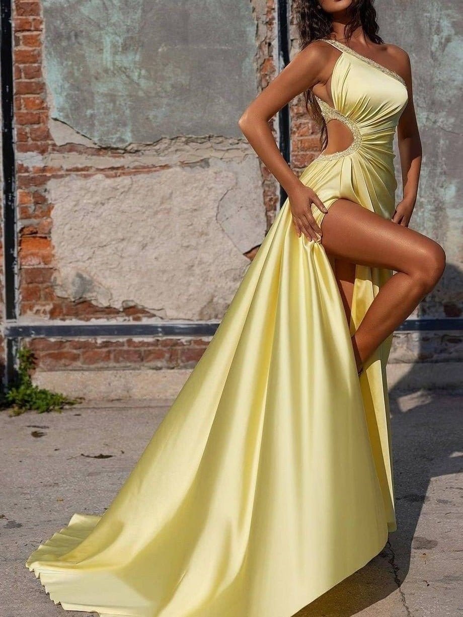 Women's Dresses Shiny One-Shoulder Hollow Slim Party Dress