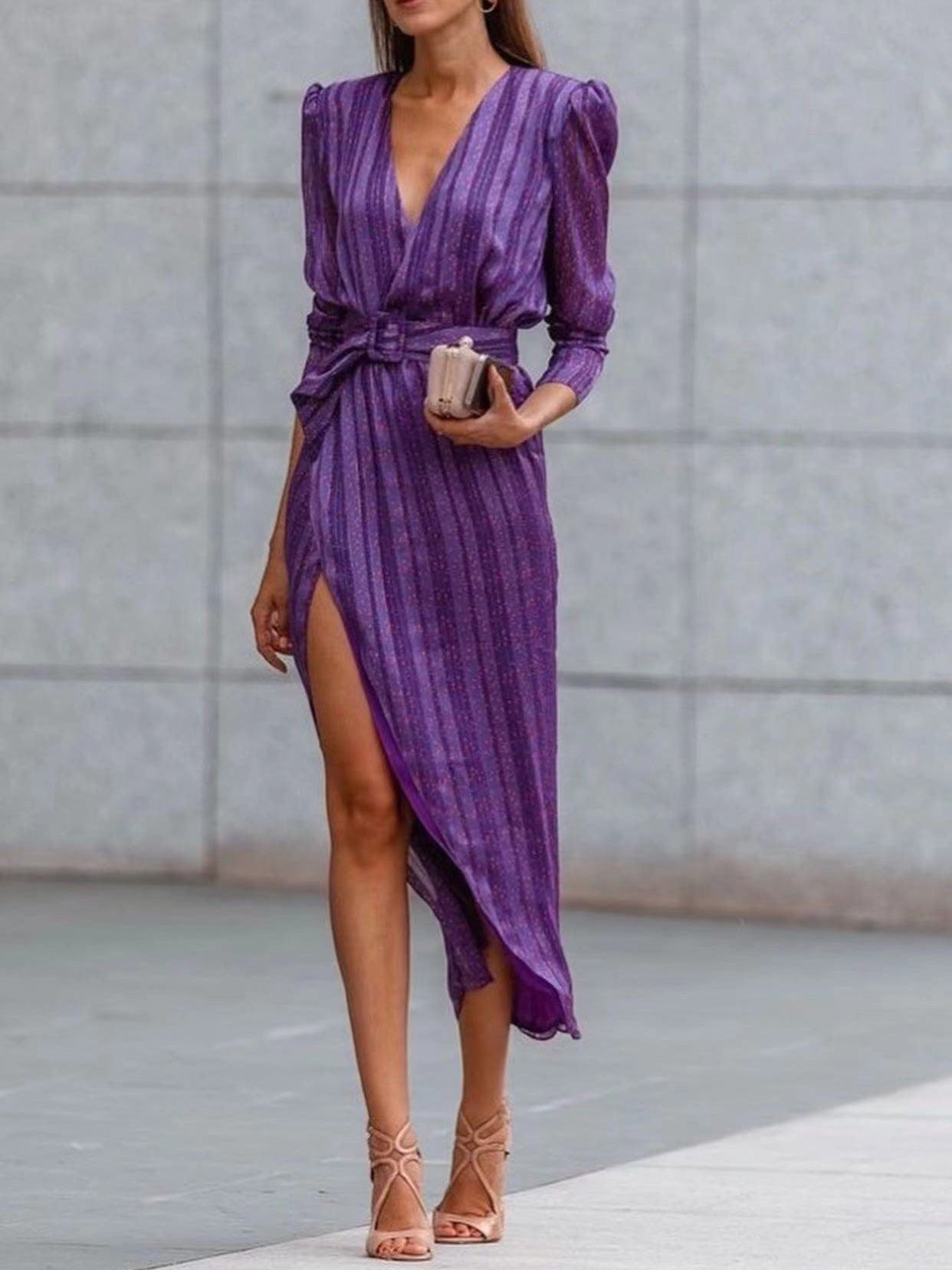 Women's Dresses Striped Belt Long Sleeve Slit Dress