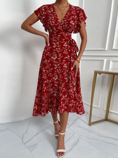 Women's Dresses V-Neck Belted Short Sleeve Print Dress