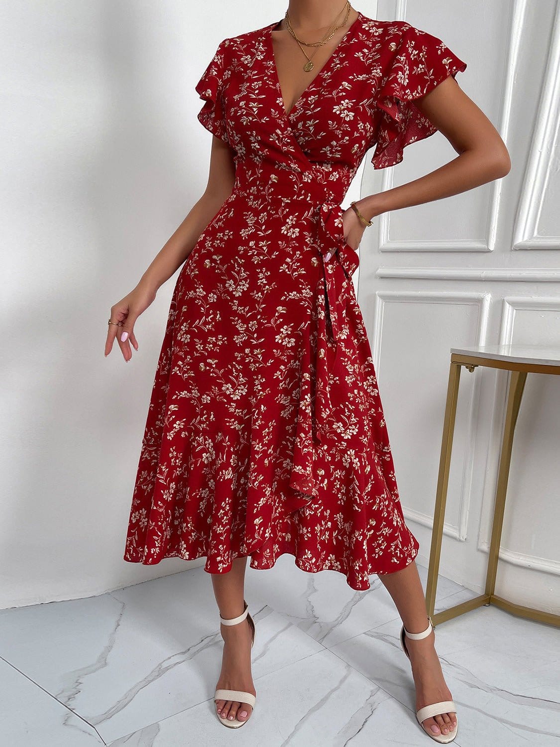 Women's Dresses V-Neck Belted Short Sleeve Print Dress