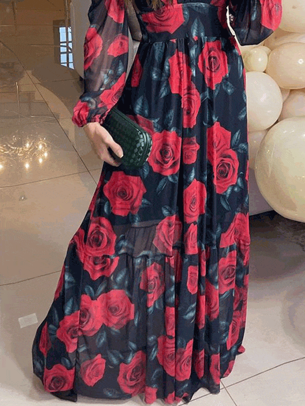 Women's Dresses V-Neck Rose Print Long Sleeve Chiffon Dress