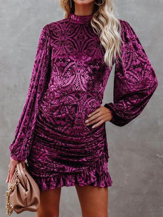 Women's Dresses Velvet Burnt Flower Ruffled Irregular Long Sleeve Dress